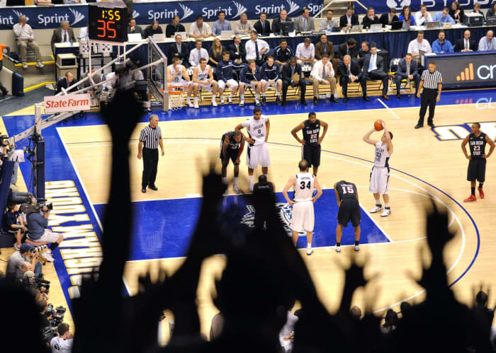 Jimmer Fredette shoots a free throw vs. San Diego State